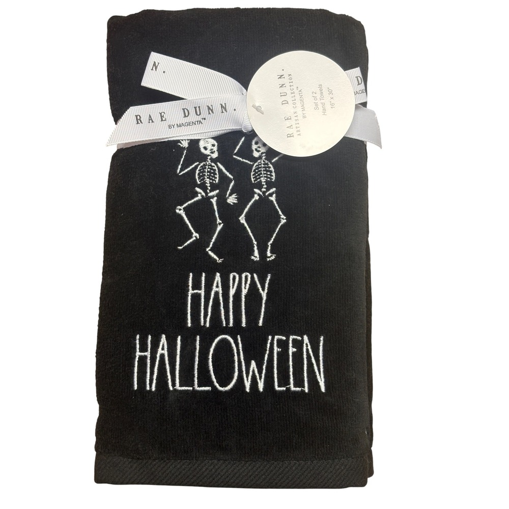 Rae Dunn Towels Kitchen Hand Set of 2 Black Skeletons Happy Halloween Black New